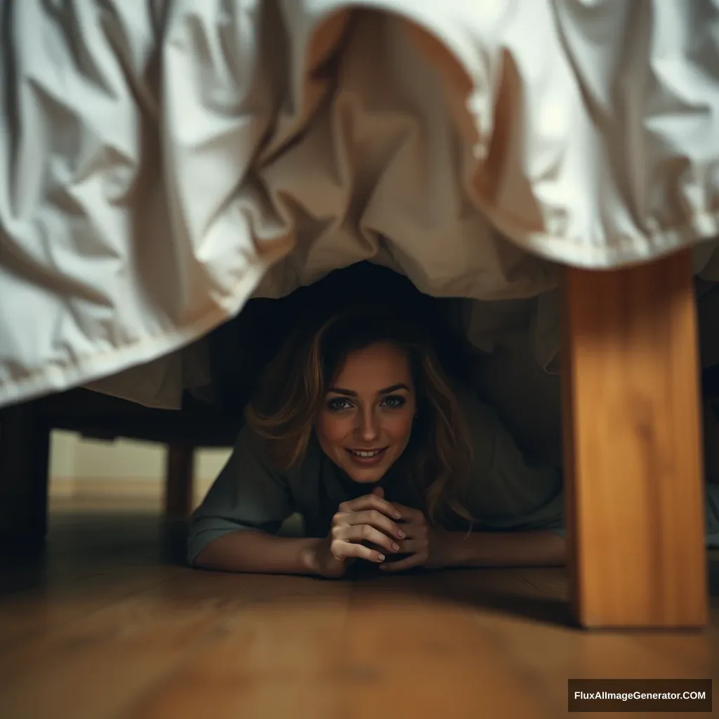 Woman stuck under the bed and wants help. - Image