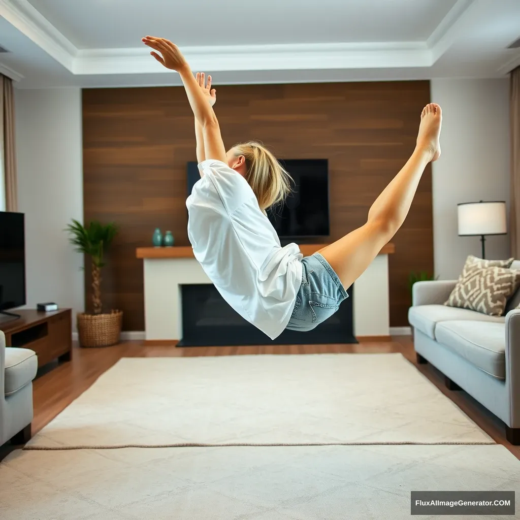 Side angle of a blonde skinny woman who is in her massive living room wearing a massively oversized white t-shirt that is also very off-balance on one of the sleeves for the shoulders, and wearing oversized light blue denim shorts that aren't rolled up. She is wearing no shoes or socks and is facing her TV, diving headfirst into it with both arms raised below her head and her legs high up in the air, at a 60-degree angle.