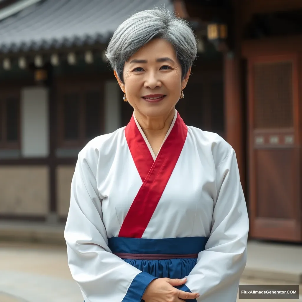 A documentary style photo of a Korean actress in her mid-40s with short gray hair, wearing a white Hanbok with a blue skirt, red collar, and sleeves. The background is a Korean hanok, and she has a charming smile. She is standing upright with her chest facing forward, her hands folded at waist level, high-definition details.