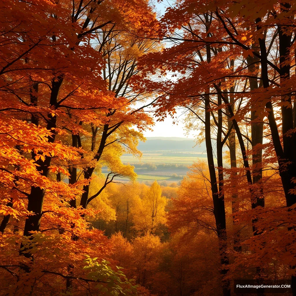 Create a highly realistic photograph of looking out from a dense beech forest in the autumn. The scene should capture vibrant orange and yellow leaves falling and dancing in the wind. The trees should have only orange and yellow leaves, with no green leaves visible. The viewer is positioned within the trees, witnessing the light from the setting sun creating soft, warm light shafts between the trees. The forest should appear thick and lush, with an opening on the horizon revealing the fields beyond. The atmosphere should be peaceful and serene, with high humidity making the light shafts more pronounced and visible. The overall mood should evoke a late autumn afternoon, with natural lighting and textures that enhance the realism. Ensure the leaves are depicted in true autumn colors without any red hues.