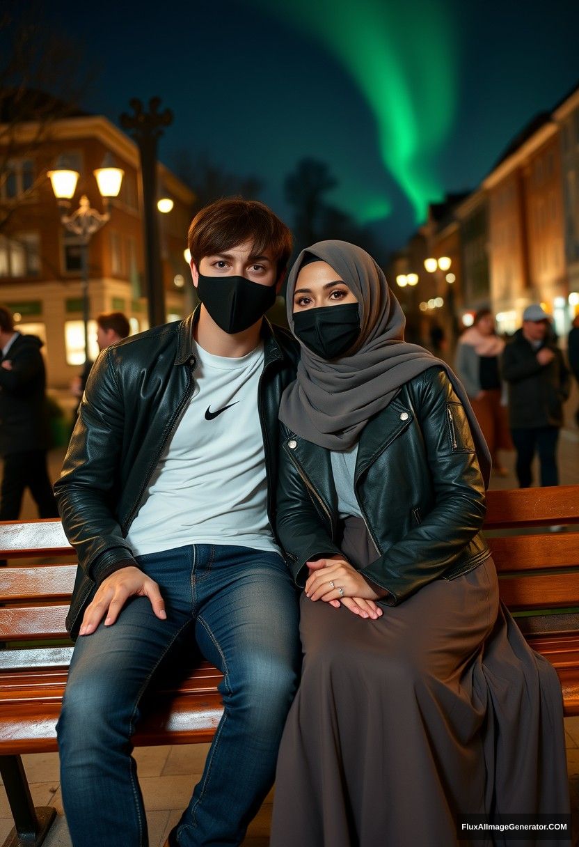 Jamie Dornan, tall, young, wearing a black face mask, a white Nike T-shirt, and jeans, is dating a beautiful Muslim girl in a grey hijab, who has striking eyes, a black face mask, a leather jacket, and the longest and biggest skirt. She's not tall. They are sitting romantically together on a park bench in town, with strangers in the background. The scene is photorealistic, capturing street photography, selfies, and nighttime scenery, with the aurora borealis.