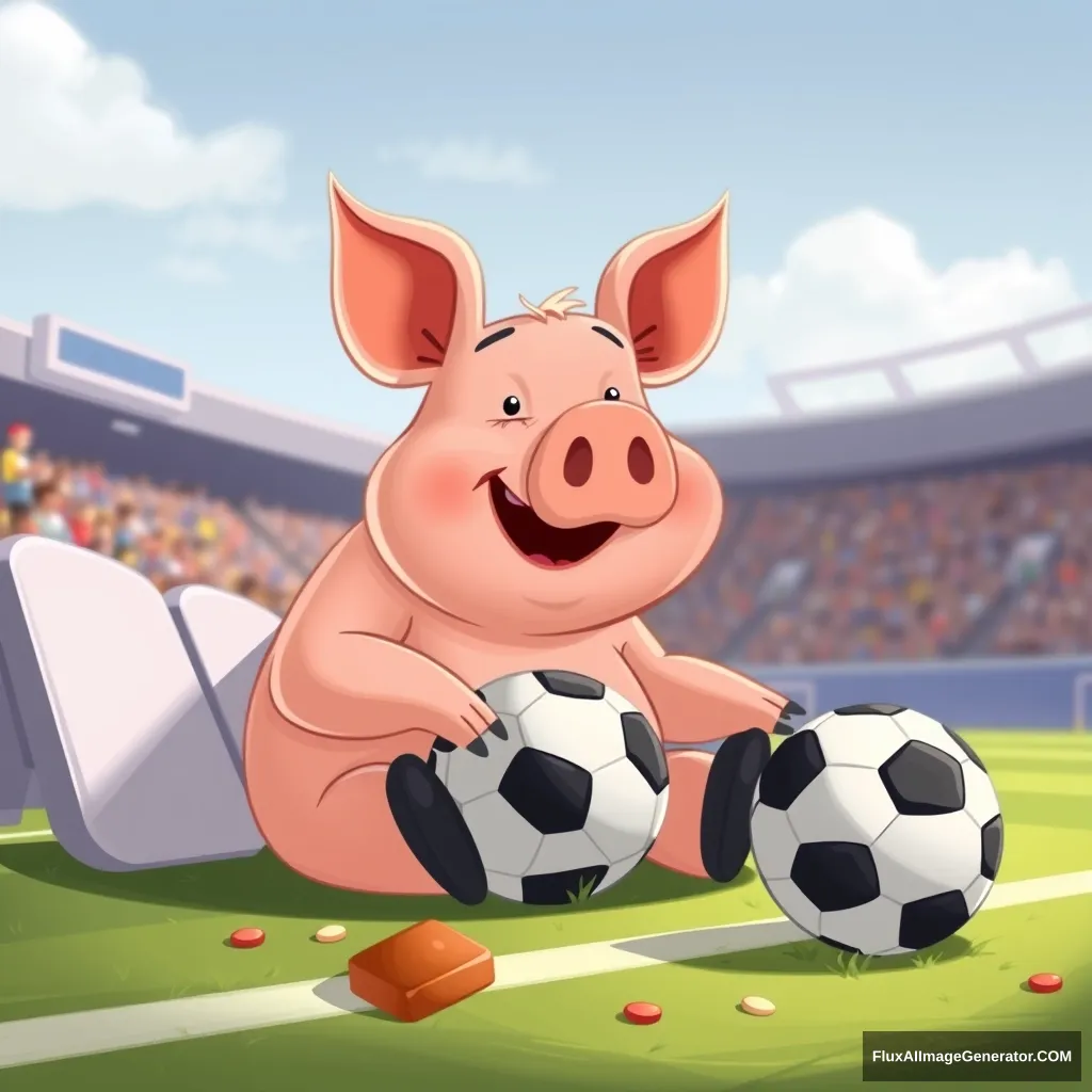 A pig who loves to play soccer, resting on the sidelines and eating treats, cartoon style. - Image