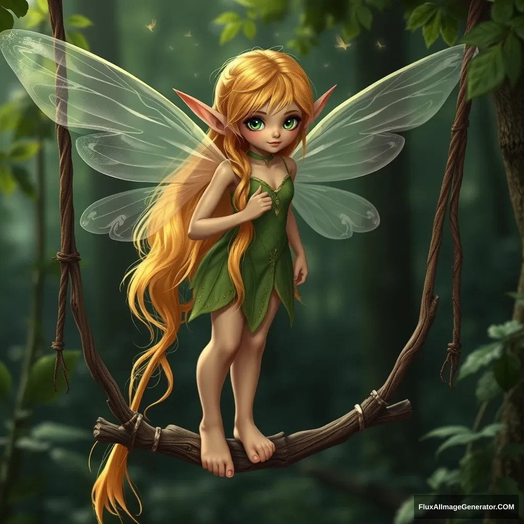 "Forest elf, beautiful, with golden hair and green pupils, full-body shot, standing on a wooden vine swing, transparent wings fluttering." - Image