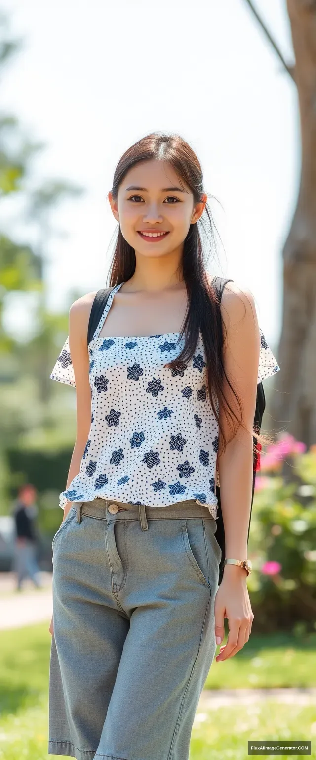 A pretty beautiful girl, Chinese, oval face, 18 years old, college student, summer, full body. - Image