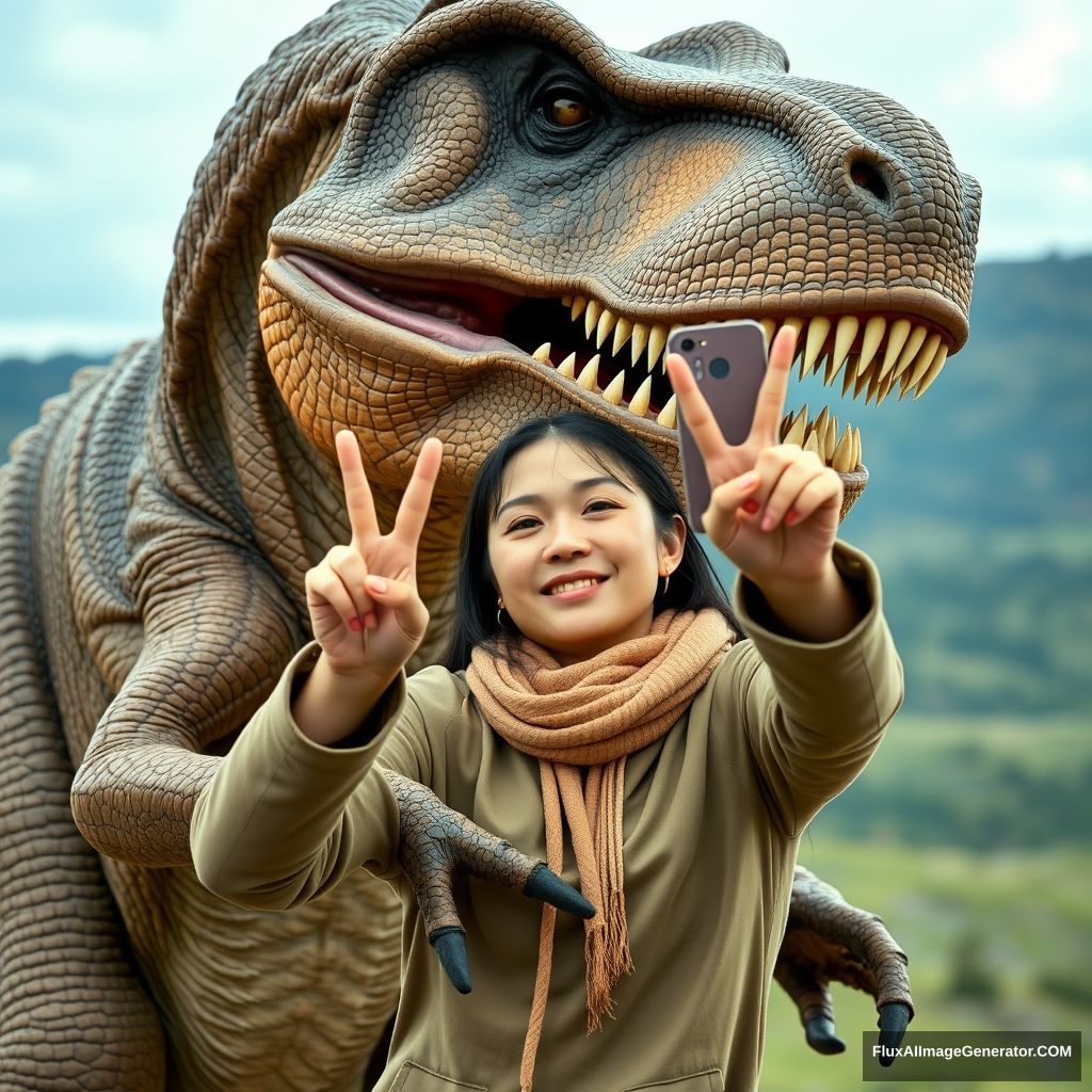 A 20-year-old Mongolian woman is with a T-rex dinosaur and raises her phone for an unusual selfie. The T-rex embraces her with both arms, and the woman is showing a V hand sign. It's a realistic raw photo taken in Mongolia, in the Altai Tavan Bogd mountains. - Image