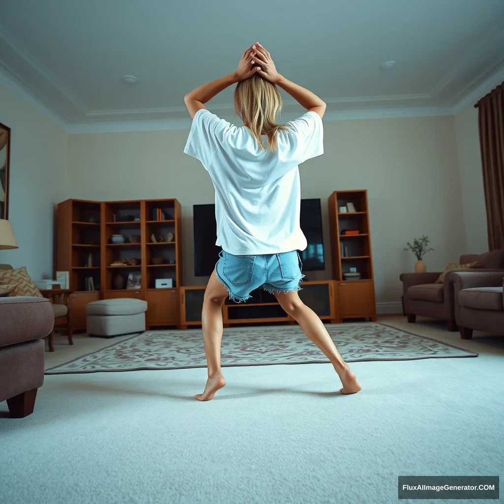 Side view angle of a skinny blonde woman in her massive living room, wearing an extremely oversized white t-shirt that hangs unevenly from one shoulder, and oversized light blue denim shorts. She is barefoot, facing her TV, and dives headfirst into it with both arms raised beneath her head and legs elevated, creating a 60-degree angle.