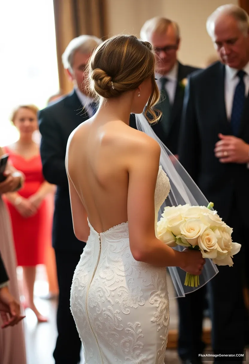 A petite young woman, sensitive, delicate, affectionate, compassionate, adorable, wearing a backless strapless side-less low-waisted thigh-cut contouring wedding dress. Fawning obediently mingling with fathers. Expectations. Perfect posture. Pale skin. Flash photography. - Image