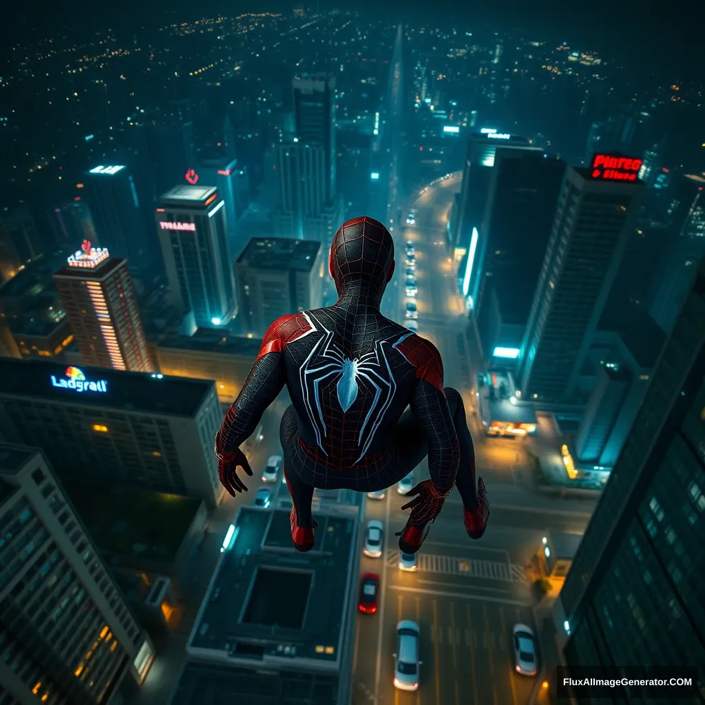 spiderman, night scene, cyberpunk, city, height, aerial view, cars below, streets, cinematic lighting, full body shot, hyperrealistic, quality