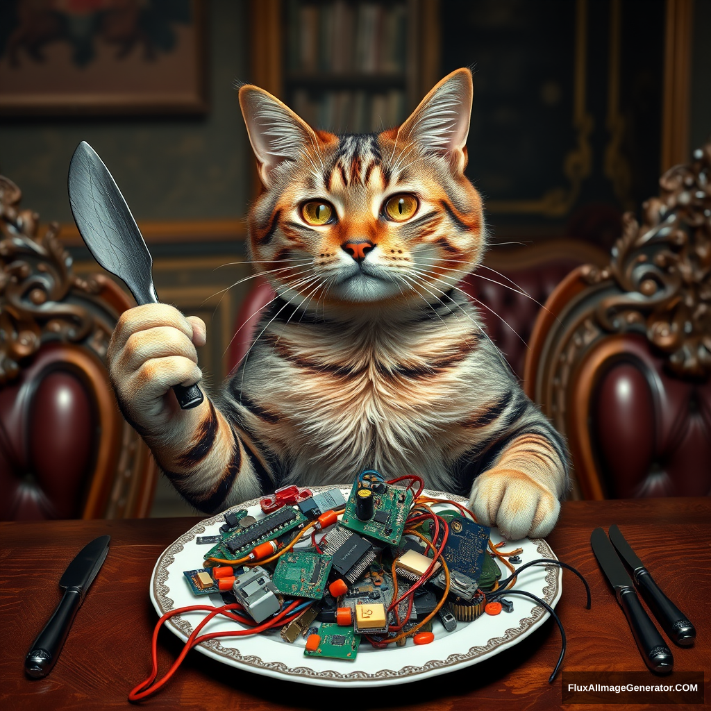 A lifelike tabby cat sits upright at an ornate Victorian dining table, deftly wielding a silver knife and fork. Its plate brims with an assortment of colorful circuit boards, microchips, and tangled wires. Hyper-realistic details capture every whisker, reflecting candlelight in its curious eyes. - Image