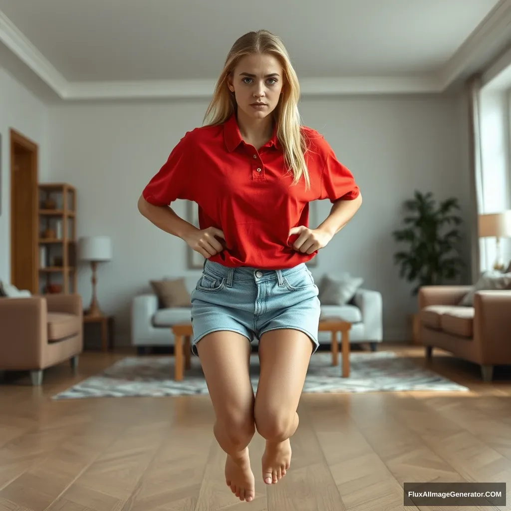 Front view of a blonde skinny woman in her early twenties in a large living room, wearing a massively oversized red polo T-shirt that's unbalanced on one shoulder and untucked. She's also wearing knee-length light blue denim shorts, without shoes or socks. She faces the camera with a worried expression and runs towards it with her arms straight down at her hips. - Image