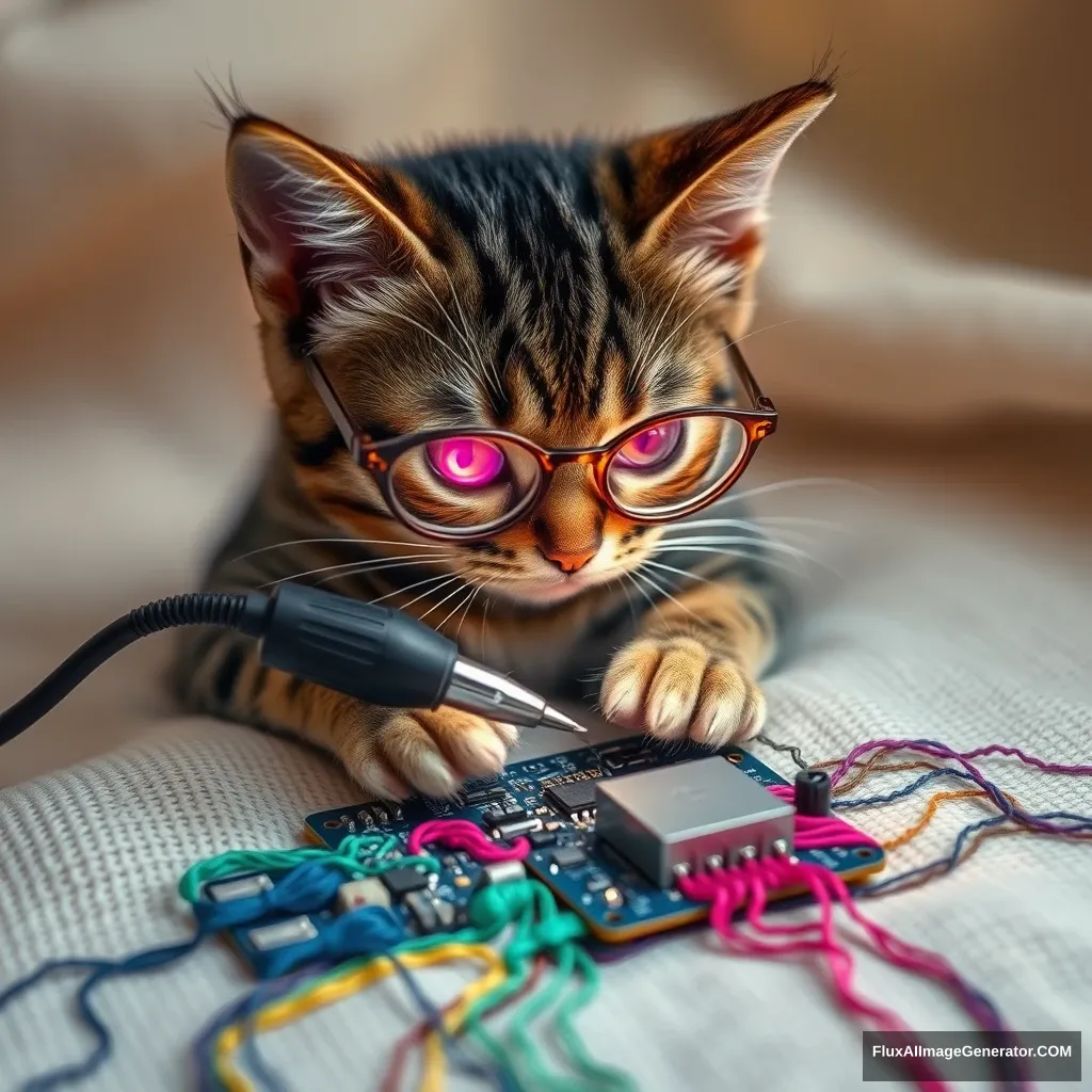 A mischievous tabby cat, wearing tiny spectacles, meticulously solders a circuit board with a miniature iron. Vibrant threads weave intricate patterns, mimicking electronic pathways. Soft fabric backdrop, warm lighting. Delicate French knots form components. Style: Hyper-realistic embroidery art, blending traditional craftsmanship with modern technology. - Image