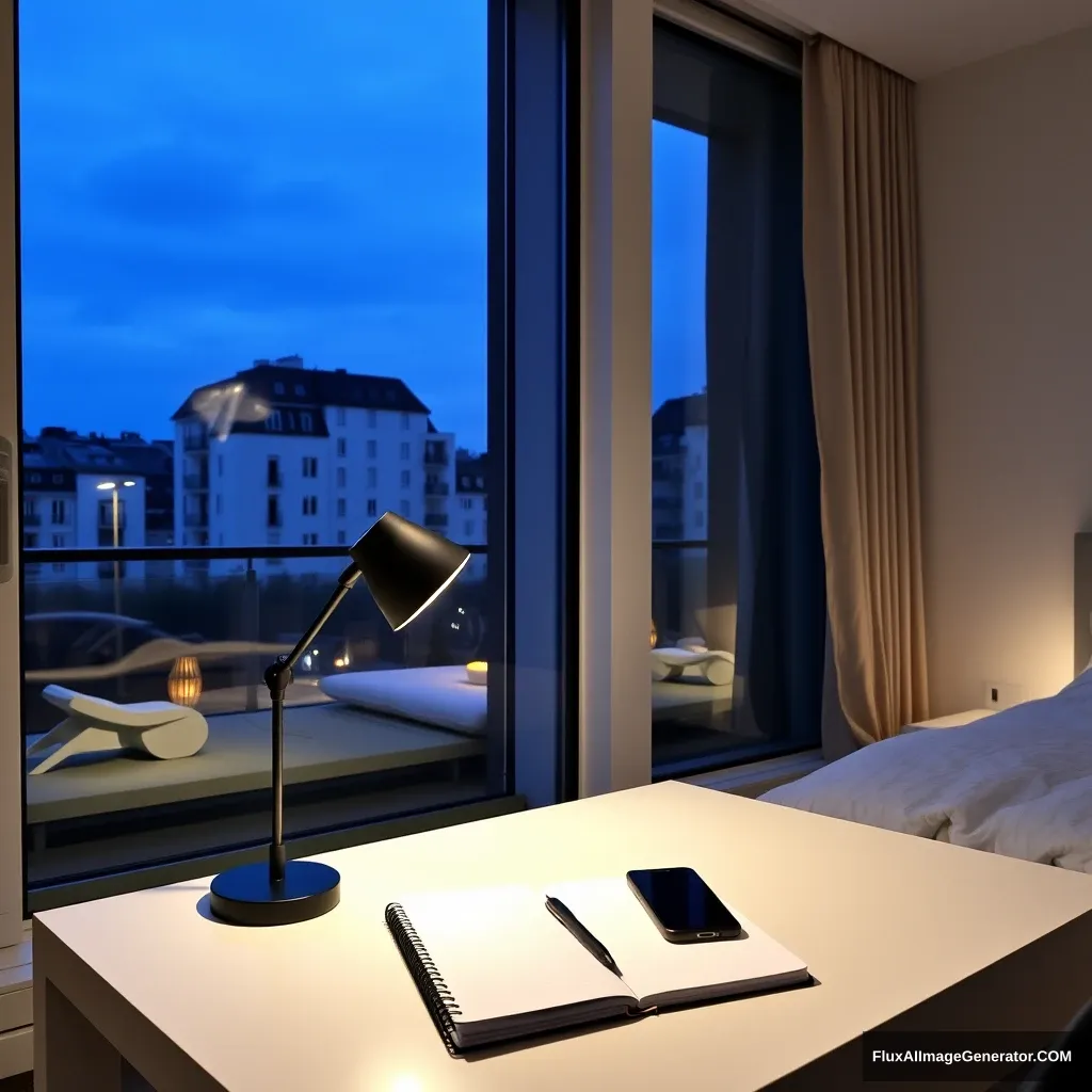 Modern bedroom apartment, big glass window, midnight in France, a study lamp lighting, a notebook and phone on a study desk.