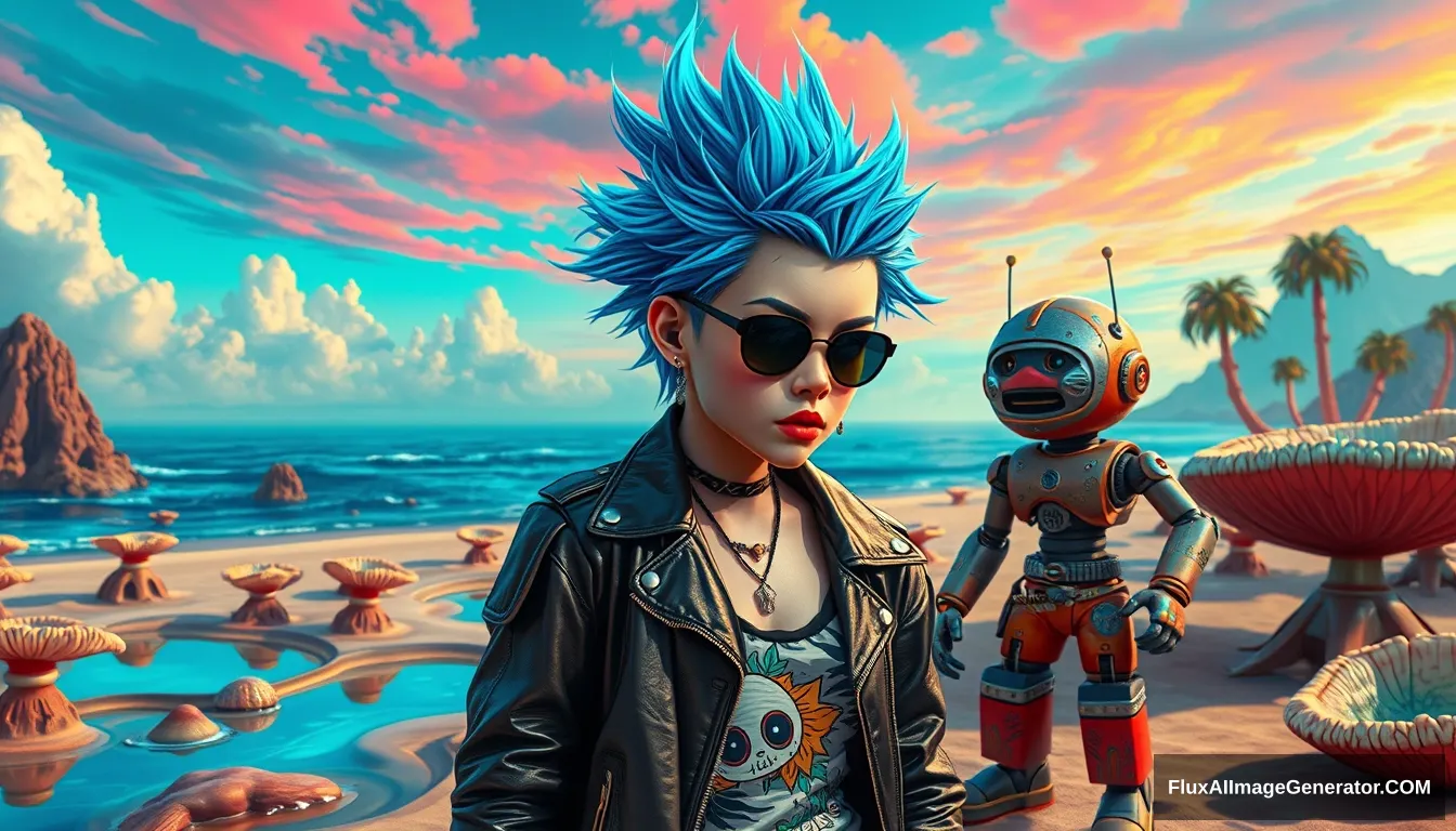 A vivid, high-contrast scene features a punk girl with electric blue spiky hair rendered in the intricate style of Enki Bilal with ray tracing effects. Photo: Digital painting of a vivid, high-contrast scene features a punk girl with electric blue spiky hair and a leather jacket, beside a charming retro-futuristic robot in Hawaiian shorts, on a surreal alien beach adorned with iridescent fungi and shimmering lakes, all beneath a vibrant, dreamlike sky. - Image