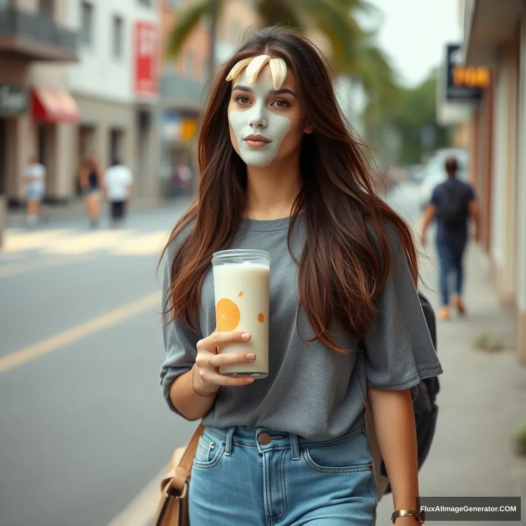 A 24-year-old brunette college girl with long legs walks through town, her face covered with banana milk.