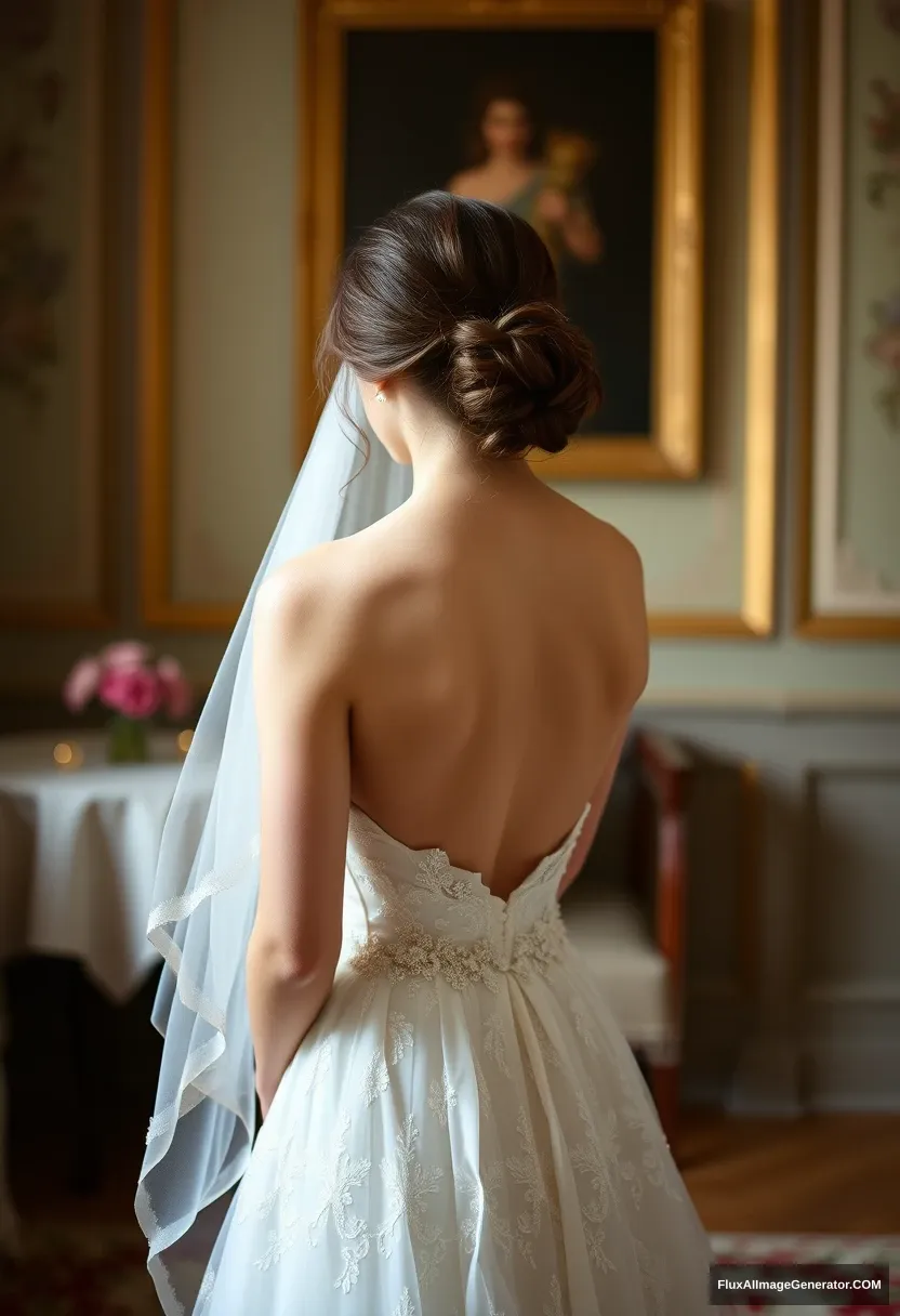 a short young woman, sensitive, delicate, ashamed, backless strapless sideless low-waisted wedding dress, in front of patriarchy, expectations - Image