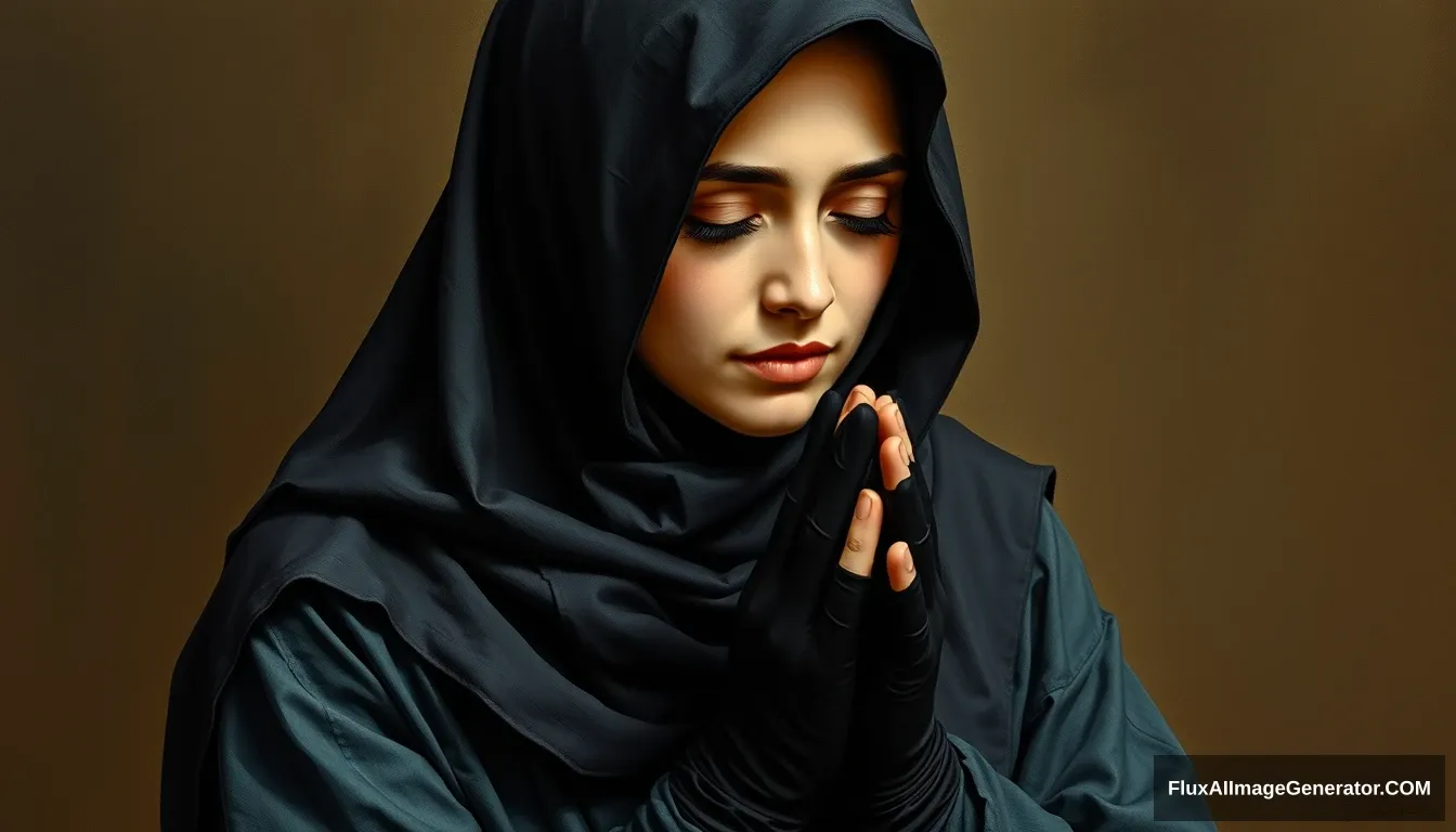 Pious woman praying named Maryam bint Imran. Wearing black gloves and a niqab, Maryam is a woman who is very devout and always maintains her purity. She comes from a very prominent family, and since childhood she was raised in an environment full of worship and obedience to Allah, wearing a black sarong, with her neck covered by a perfect hijab. Realistic, full body, oil painting.