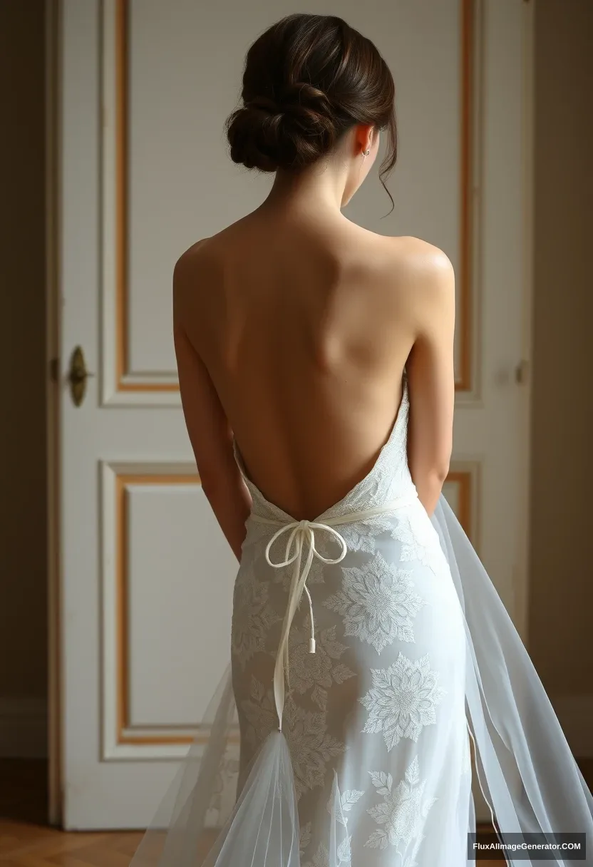 a young woman, sensitive, delicate, ashamed, backless strapless low-waisted airy wedding dress