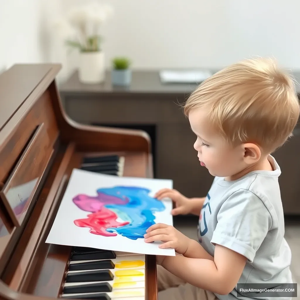 Cute kid playing a piano, water paint. - Image