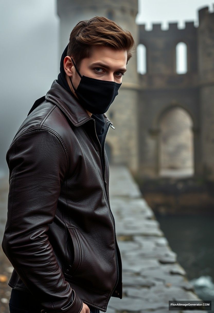 Jamie Dornan's head and body shot, handsome, youngest, black face mask, black leather jacket, jeans, dating, love with the biggest black hijab Muslim girl, not tall, beautiful eyes, face mask, maroon leather jacket, biggest black skirt, leaning on his shoulder, hyper-realistic, studio photography, full body photo, exploring at an abandoned castle, at sea, gloomy scenery.