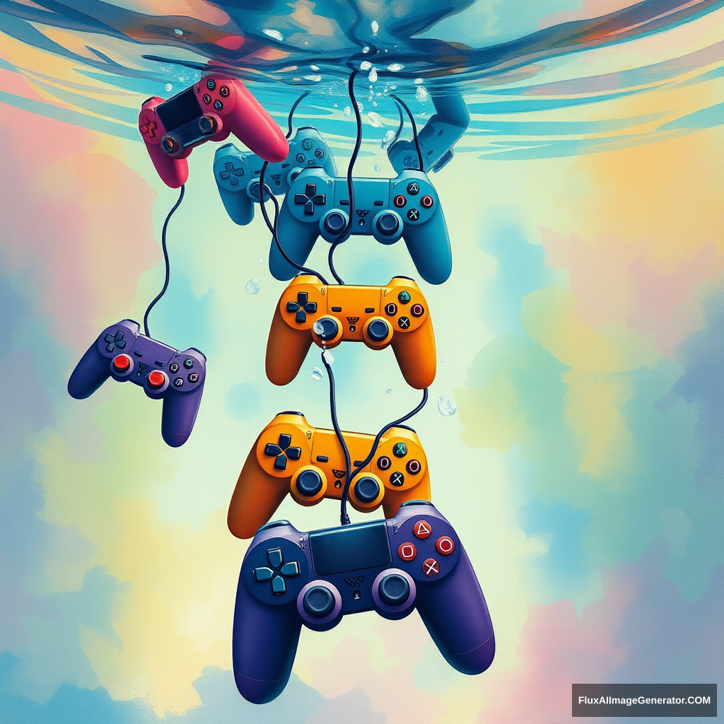 A cascade of colorful game controllers plunging into a serene watercolor pool, with some controllers partially submerged and others sinking, creating a vivid, flowing underwater scene, illustration. - Image