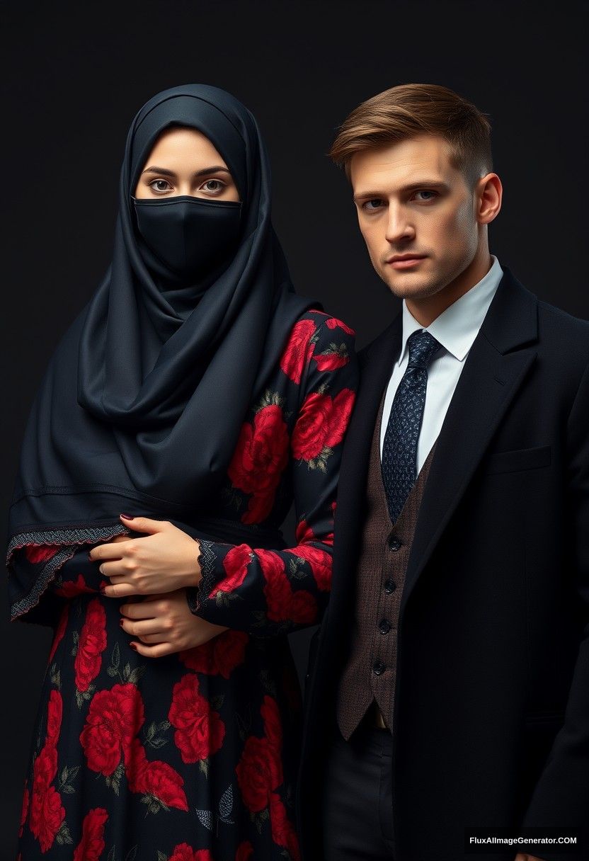 A biggest black hijab girl, beautiful eyes, face mask black, biggest red floral longest gown dress, not tall, standing near him, love holding his arm,

Jamie Dornan body and face shot, handsome, youngest, face mask black, fit and tough body, black coat suit, white shirt, black patterned tie, tall man, love standing near her,

Hyper realistic, studio photography, photorealistic.