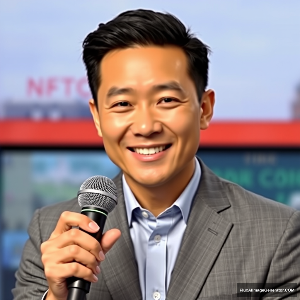 Photo style, handsome Asian man, news anchor, gray suit, short hair, smiling, showing teeth, holding microphone, facing the camera.