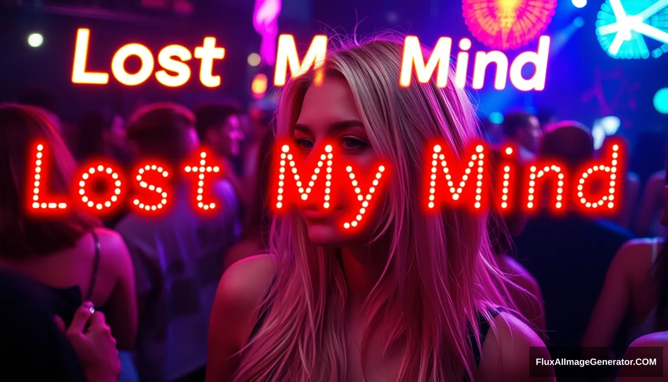 Blonde woman, lost my mind in the club, people dancing, glowing 3D text saying "Lost My Mind".