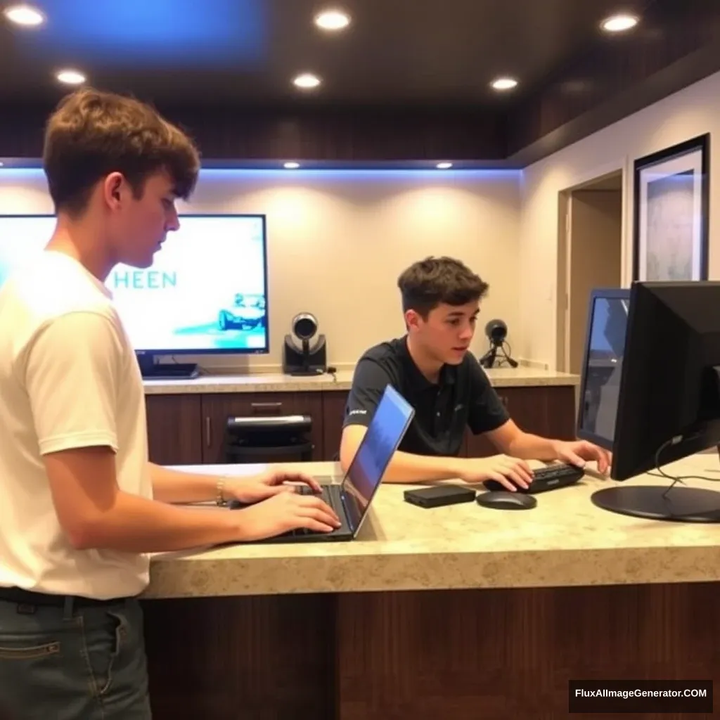 Two young men are playing computer games at the hotel front desk, one on a laptop and the other on a desktop.