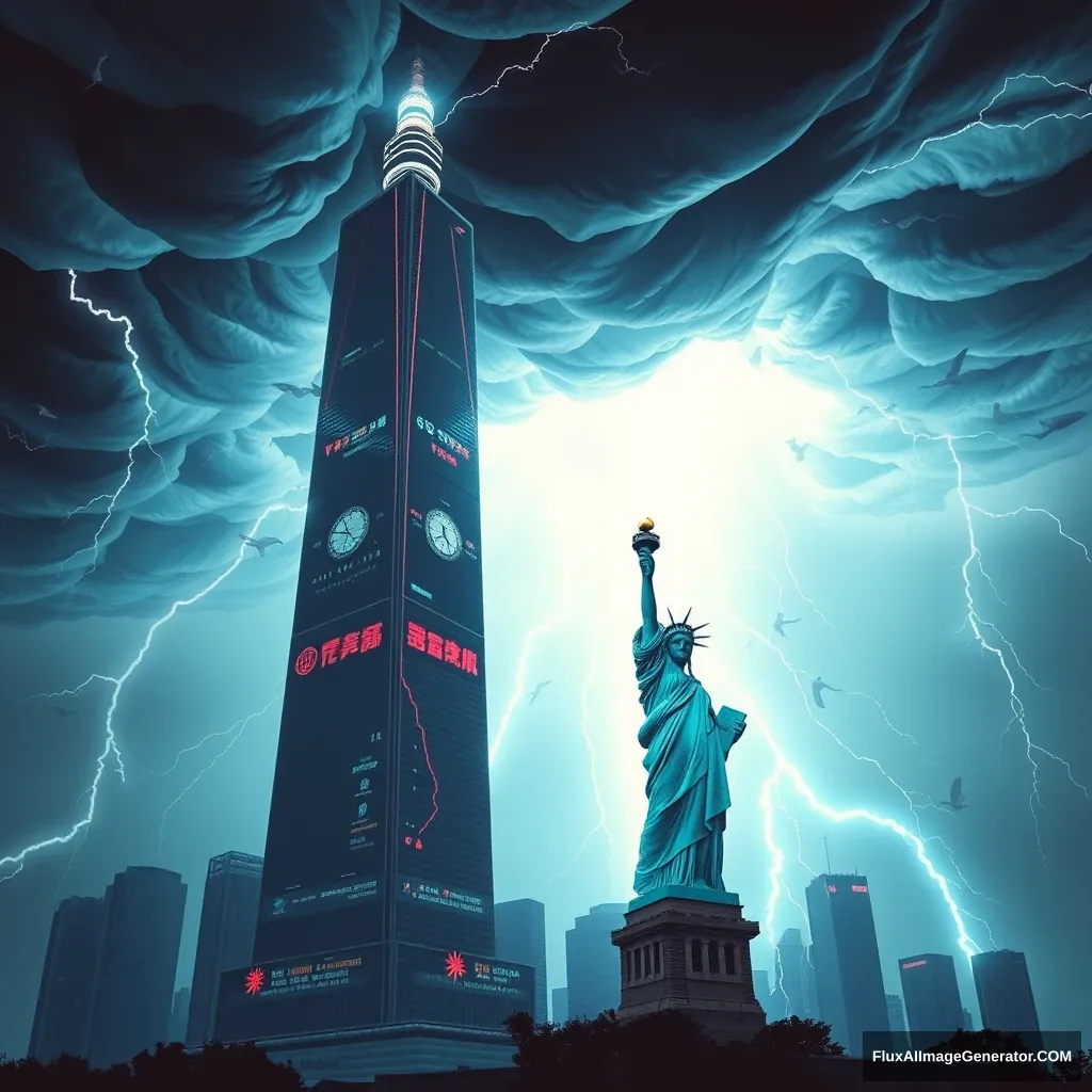 "Taipei 101 building and the Statue of Liberty together, under a tornado, with lightning and thunder, in a cyberpunk art style."