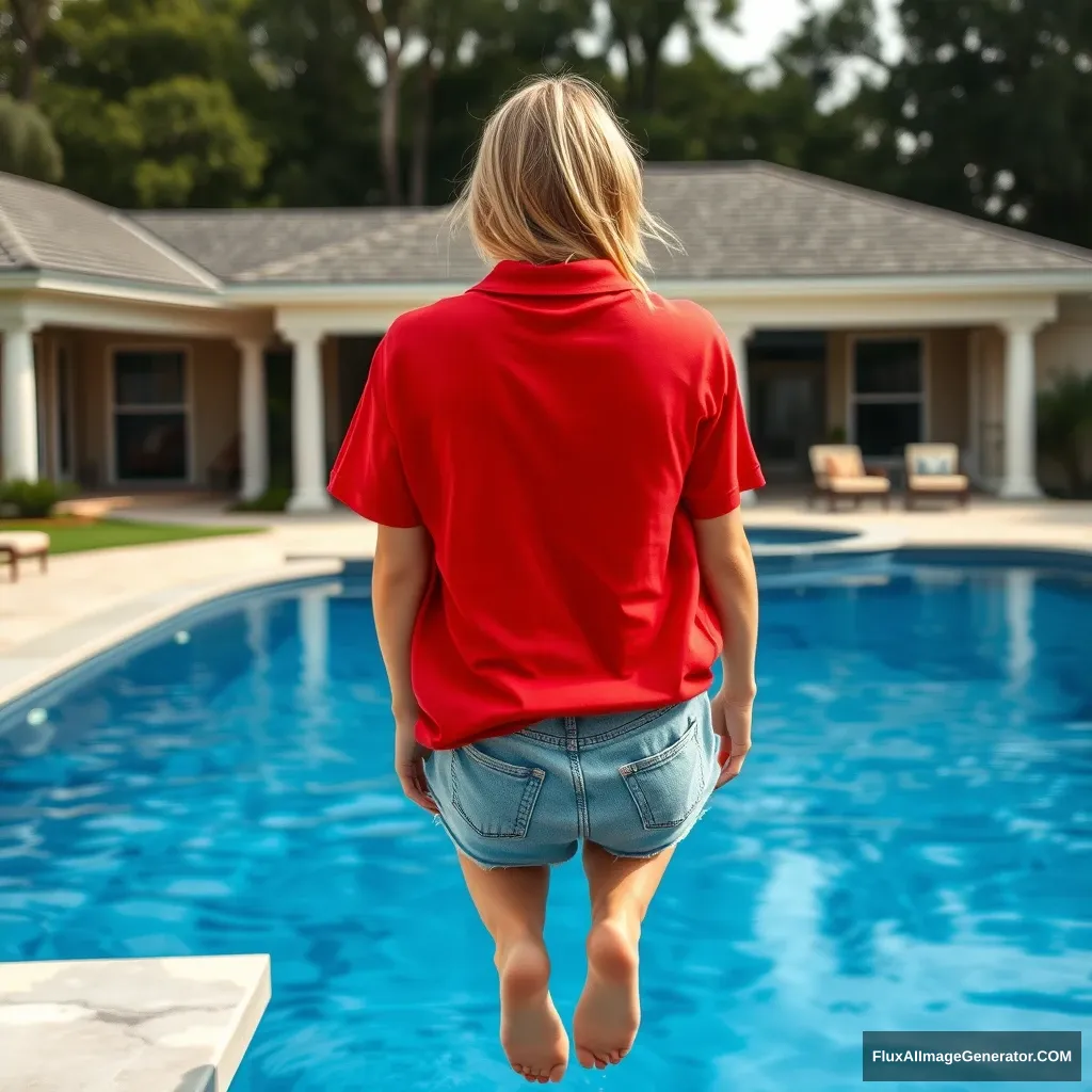 Back view of a young blonde skinny woman in her early twenties is in her massive backyard wearing a massively oversized red polo t-shirt that is a bit off balance on one shoulder. The bottom part of her t-shirt is tucked in on all sides, and she is also wearing M-sized light blue denim shorts. She is not wearing shoes or socks, and she dives into her massive luxurious pool after jumping off the diving board headfirst, making her go upside down. - Image