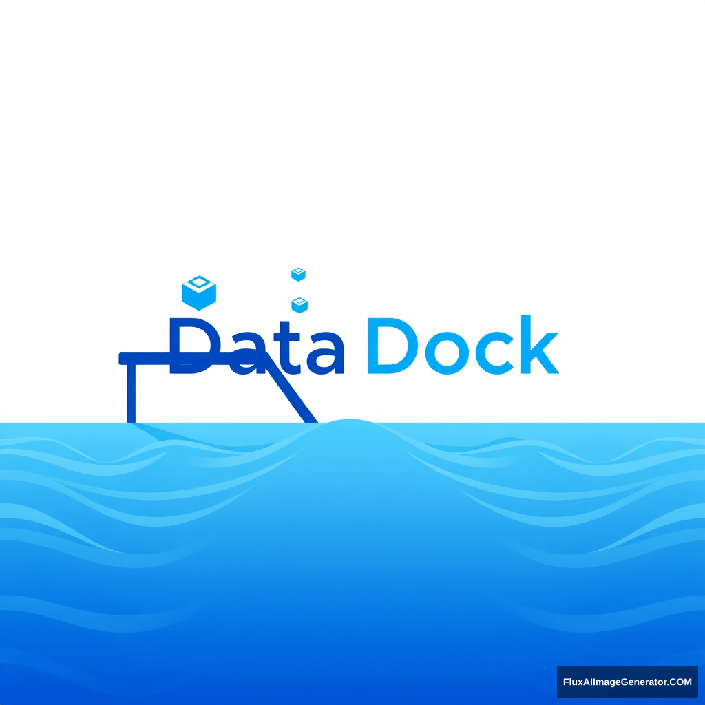 Modern, sleek logo for Data Dock, a content storage company. Stylized dock extending into a digital sea of data. Vibrant blue and white color scheme. Minimalist yet dynamic design with floating cubes representing stored content. Subtle wave patterns evoke fluidity and accessibility. Conveys security and innovation. - Image