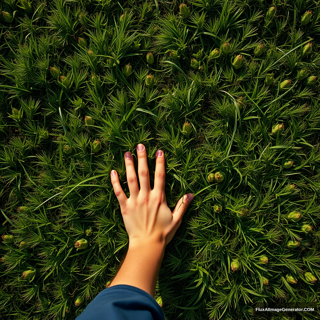 Epic realism, top view, A young hand touches the grass.