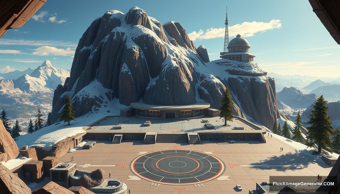 Cel shaded art, wide shot, a sci-fi center on the top of a snow mountain, open air, close look, cyberpunk, military base, Star Wars style, indoor, patio, morning, sunlight, fortress, mountain, rock, snow, tarmac, parking apron, cave, tree, landing field, cliff, round shape, tower. - Image