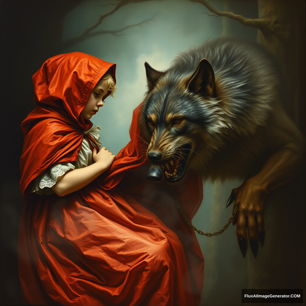 Little Red Riding Hood and the Wolf, In the style of Rembrandt's paintings, Old baroque style, Fine details sharpened, Image behind light fog, Visible brush strokes, Neoclassical - Image