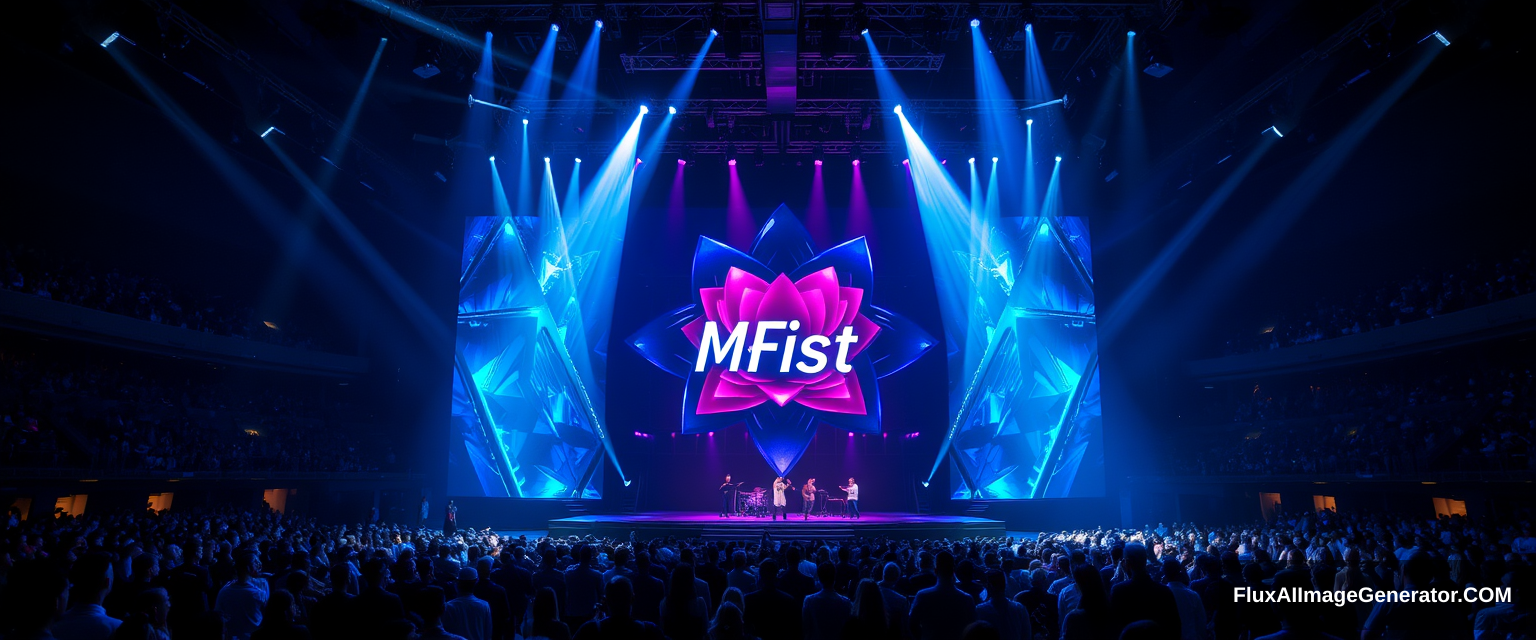 Diamond-inspired music stage, dark blue tones, spotlights, large audience, luxurious, inspired by the flower in the following photo link: https://www.msb.com.vn/documents/20121/0/MFirst_poster_1200x628px.png/9473c12e-4c95-2ae1-4d5a-6fb863910f50?t=1680687044173.