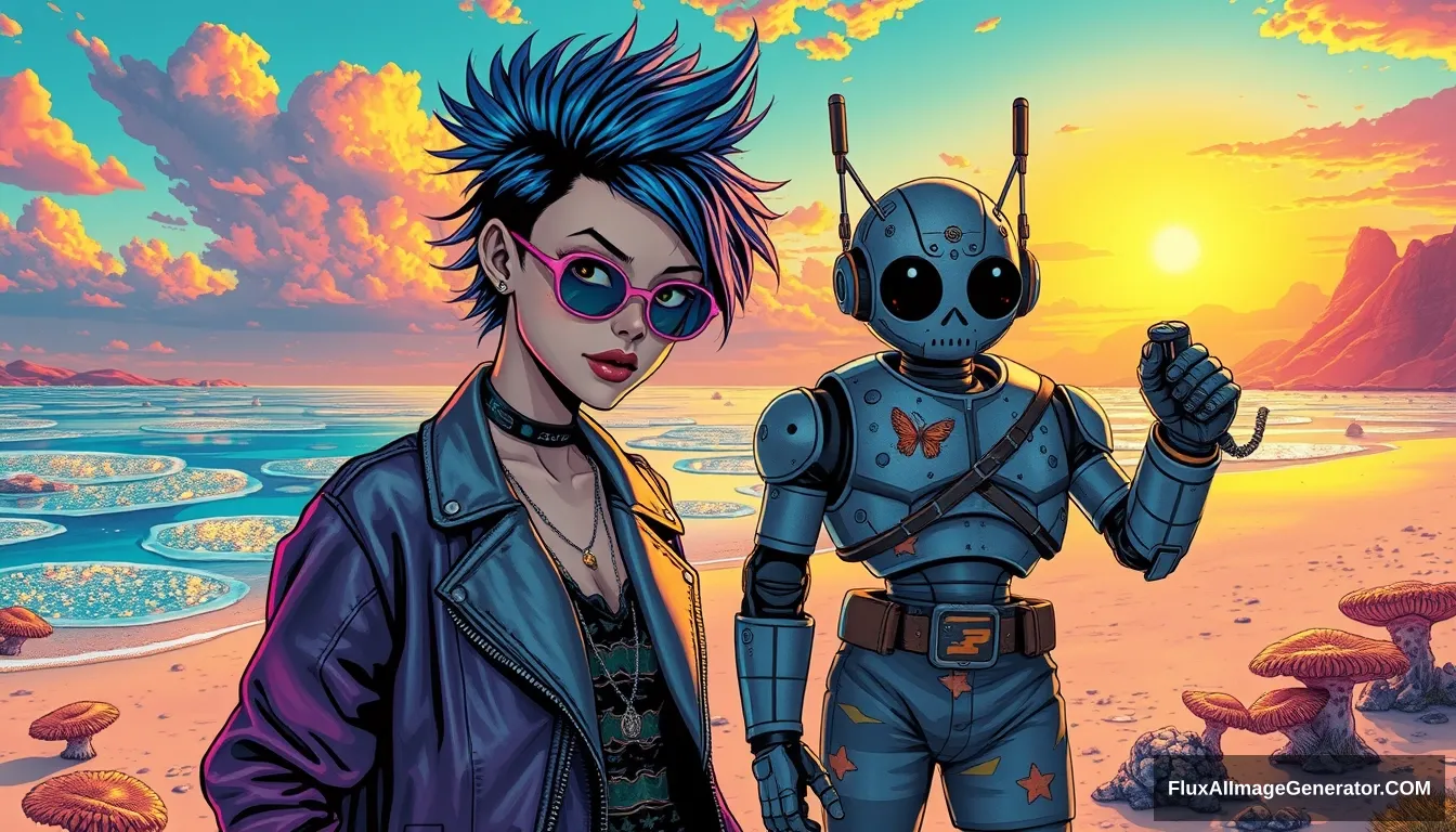 A striking, high-contrast realistic scene showcases a punk girl with electric blue spiky hair and a leather jacket, alongside a very cute hunk retro-futuristic robot in Hawaiian shorts, set against a surreal alien beach with iridescent fungi and shimmering lakes under a vibrant sky. In the Style of Moebius. - Image