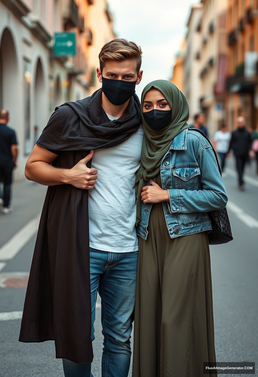 Jamie Dornan, handsome, black face mask, white T-shirt, jeans, sneakers, dating romantically with a Hijab-wearing army green Muslim girl, beautiful eyes, black face mask, denim jacket, longest skirt, not tall girl, photorealistic, street photography, full photography, selfie photos. - Image