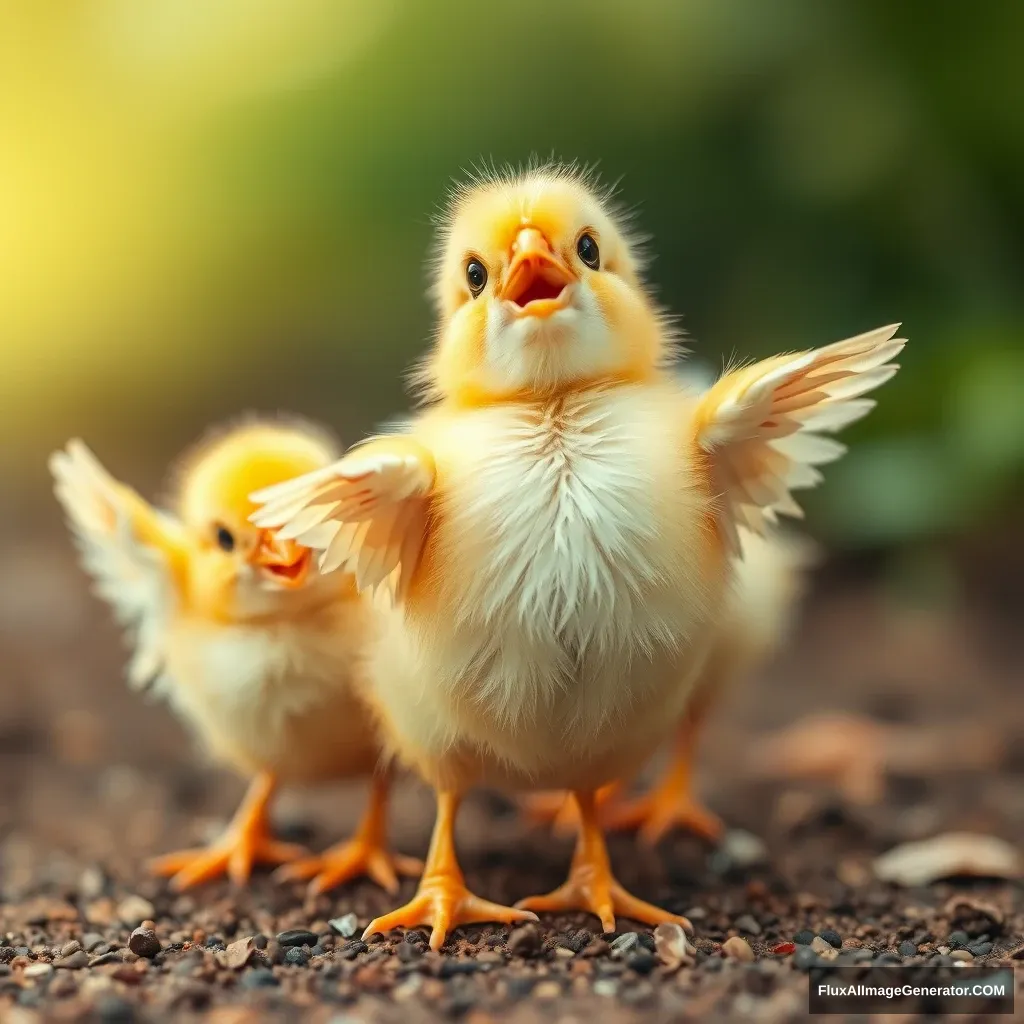 The little chicks are flapping their wings with joy. - Image