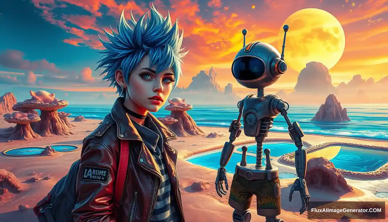 A vivid, grunge, high-contrast scene features a punk girl with electric blue spiky hair rendered in the intricate style of Enki Bilal with ray tracing effects. Photo: Digital painting of a vivid, high-contrast scene features a punk girl with electric blue spiky hair and a leather jacket, beside a charming retro-futuristic robot in Hawaiian shorts, on a surreal alien beach adorned with iridescent fungi and shimmering lakes, all beneath a vibrant, dreamlike sky.