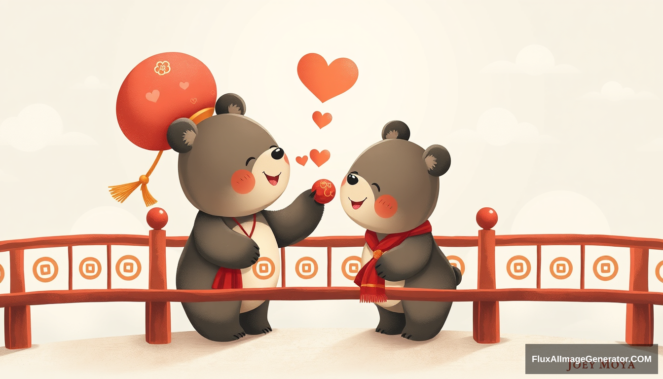 Love, cute small joyful male bear and female bear meeting on a bridge, clouds, traditional Chinese mythological colors, by Joey Moya, cute, in the style of minimalistic drawings, ultrafine detail, light, bright, creative commons attribution, painted illustrations.