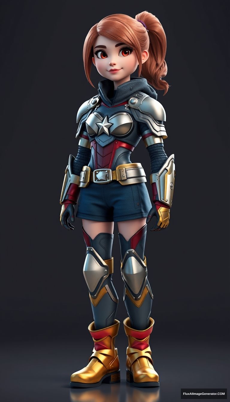 A girl wears Captain America styled armor, red-gold metallic boots, Pixar 3D style.