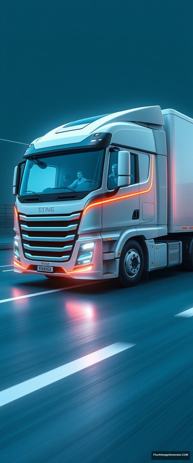 The truck has simple and dynamic lines, driving high-tech trucks, speed lines, glow, the overall picture is bright and clean, full of future, science and technology, blue atmosphere, showing the whole body, panoramic view. - Image