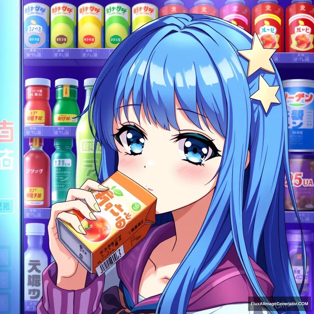 Anime style illustration of a young woman with long blue hair and bright blue eyes, drinking from an apple juice box. She wears a star-shaped hair accessory. The background shows a colorful drink vending machine or convenience store shelf with various beverages, including some with Japanese text. The scene has a mix of purple, blue, and green tones. The character has a slightly melancholic expression. Highly detailed, vibrant colors, soft lighting. - Image