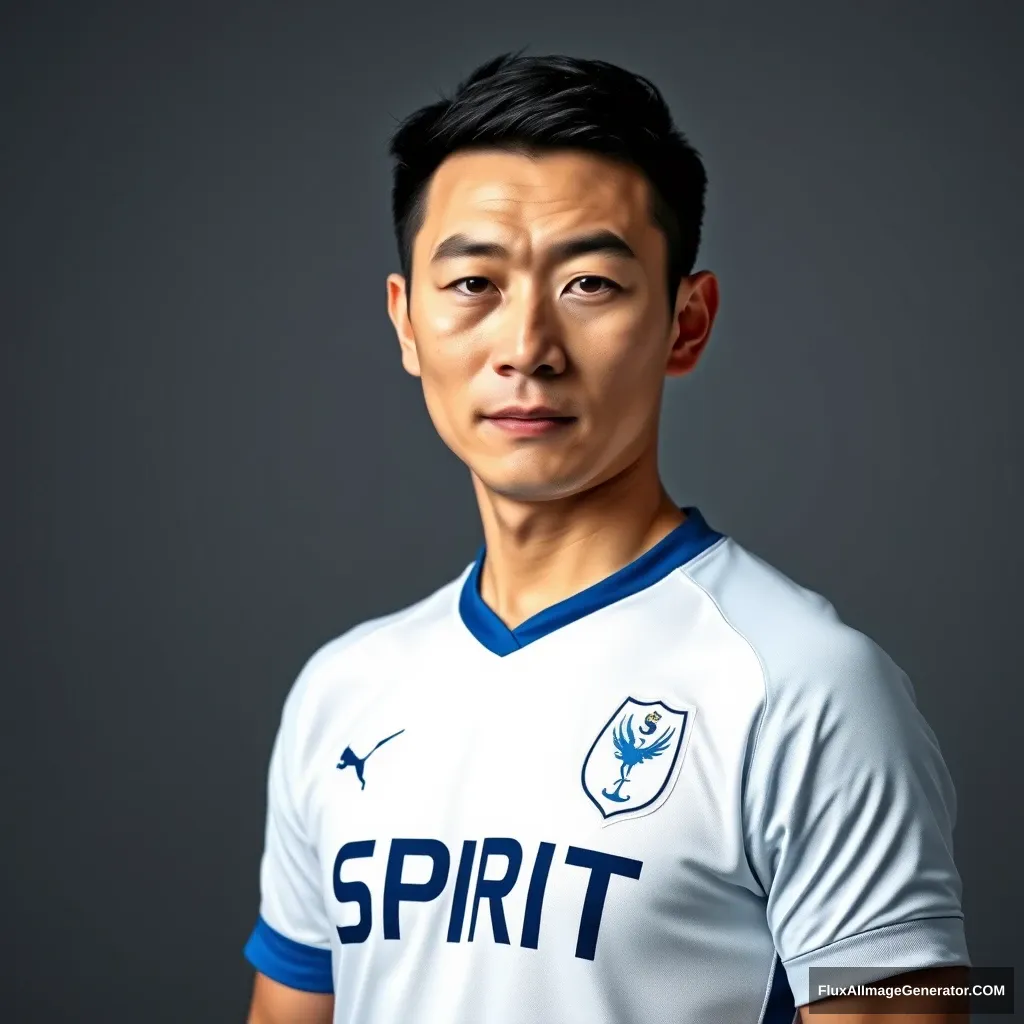 High-quality portrait photo of a Chinese man with fair and delicate skin, wearing a white short-sleeve soccer jersey with blue cuffs and a blue collar. The word "SPIRIT" is written on his chest. He strikes a confident and imposing pose, with a resolute gaze and bright eyes. This is a player portrait shot in medium range with Rembrandt lighting, taken in a studio against a gray background.