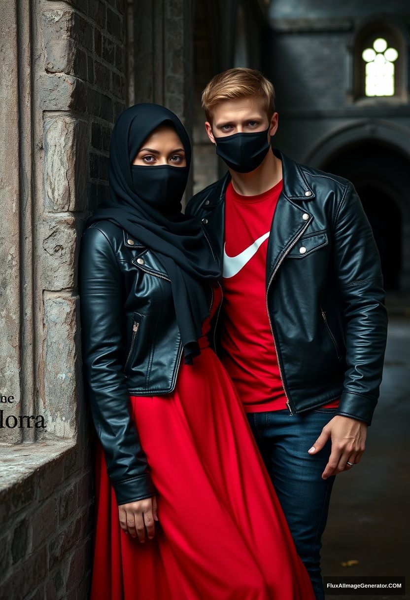 A big black hijab girl, beautiful eyes, black face mask, black leather jacket, the longest biggest red dress, not tall, leaning against him,

Jamie Dornan, handsome, black face mask, fit and tough body, red Nike t-shirt, black leather jacket, jeans, tall man, leaning against the wall

Hyper realistic, photorealistic, studio photography, Victoria's abandoned castle, gloomy. - Image