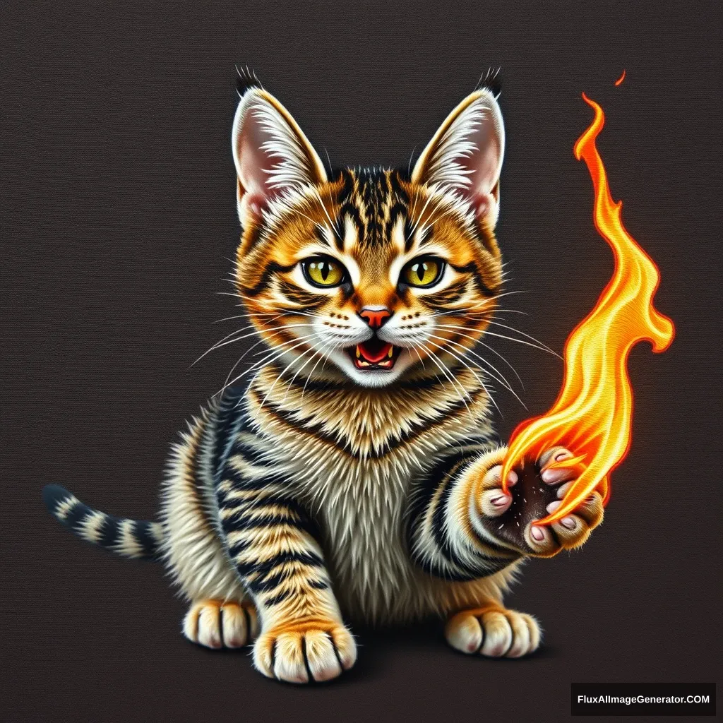 A mischievous tabby cat, playing with fire. Style: Hyper-realistic embroidery art.