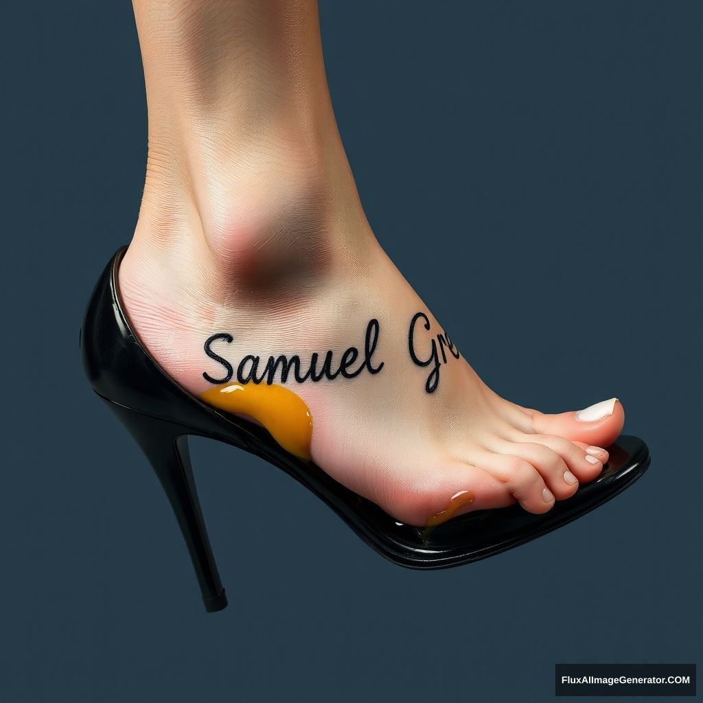 The name "Samuel Greg" on a woman's foot in a black high heel. There is oil all over the foot.