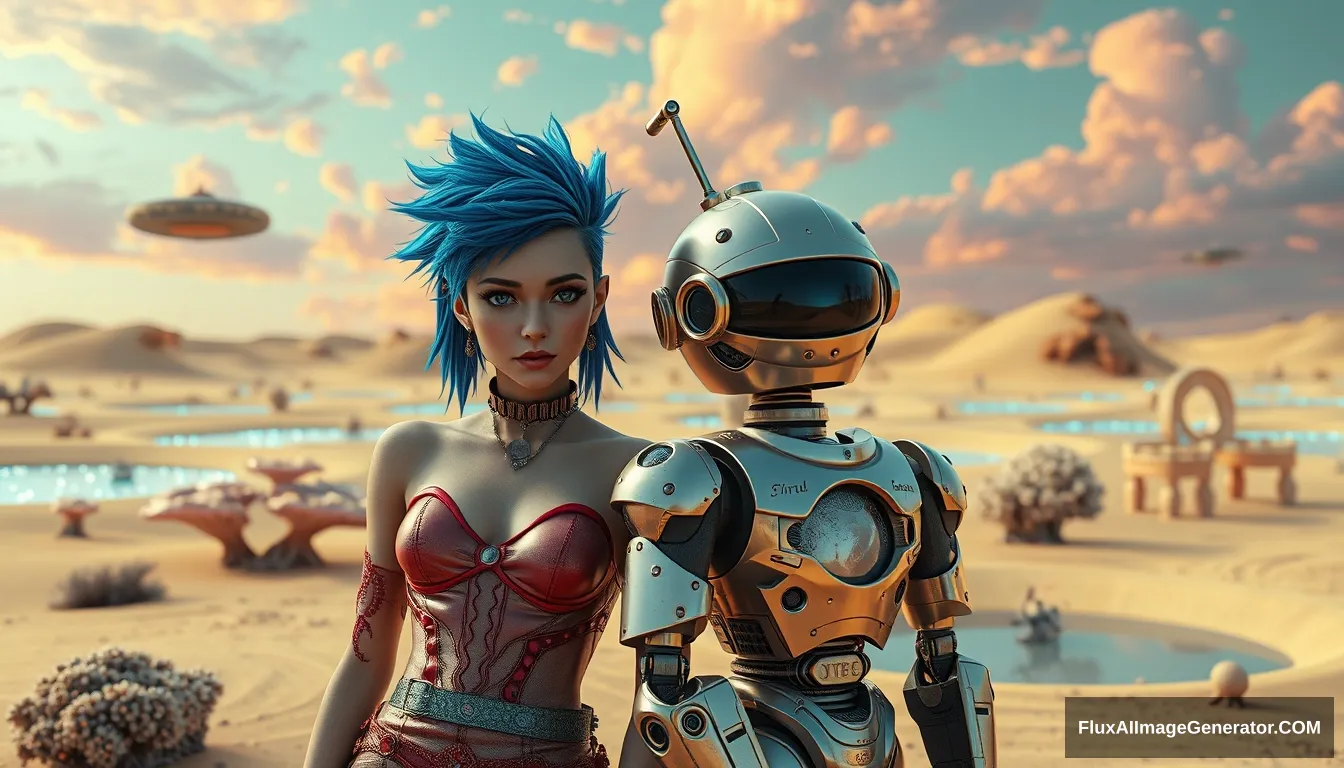 Cinematic photo of a couple in the intricate style of Enki Bilal: a deliciously attractive punk girl with electric blue spiky hair and a charming retro-futuristic robot. A small spaceship nearby. Scene: on a surreal alien desert adorned with iridescent fungi and shimmering lakes, all beneath a vibrant, dreamlike sky. Ray traced, textures, octane render.