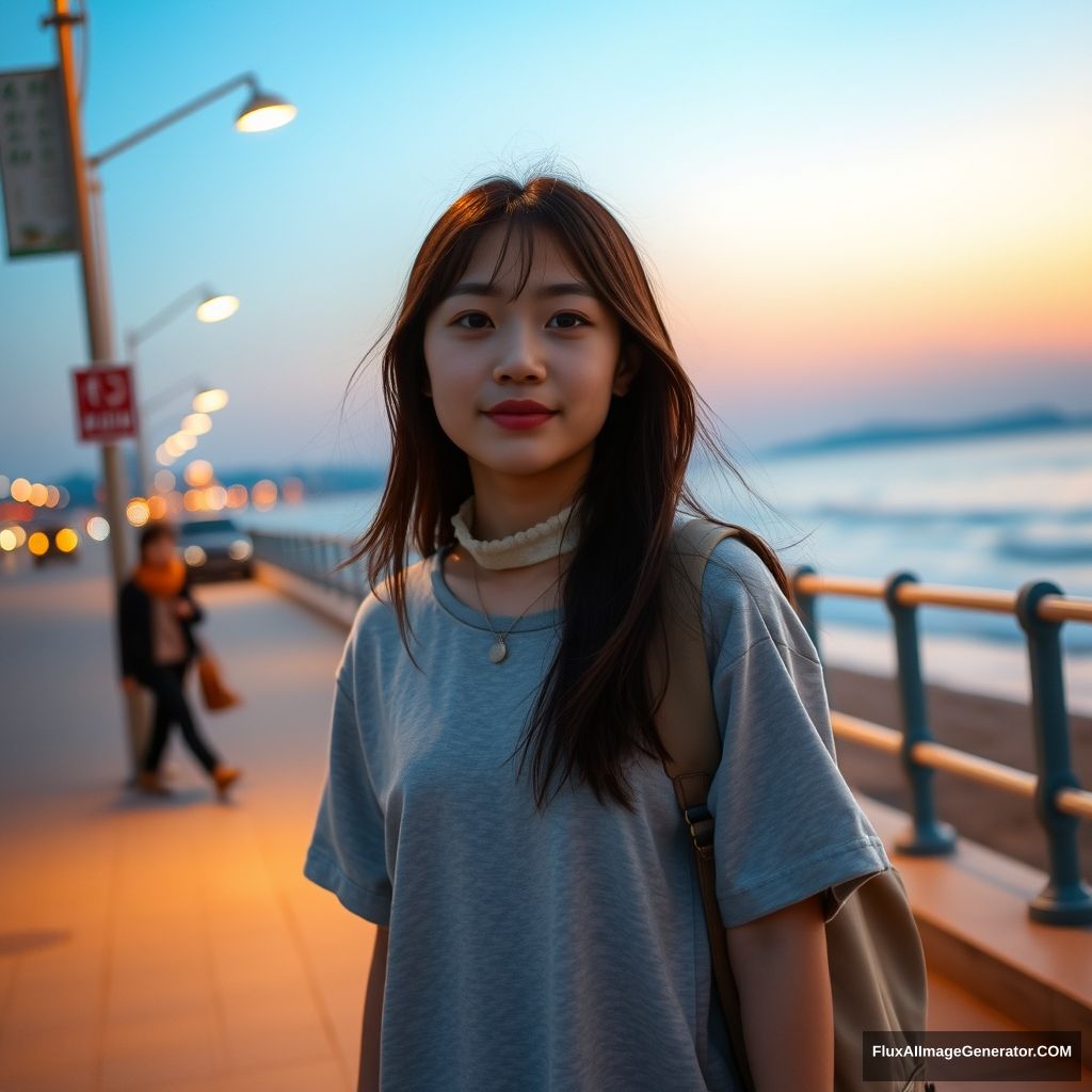 'Female student walking by the seaside, beach, Chinese, street, young girl, evening, street lamp.'