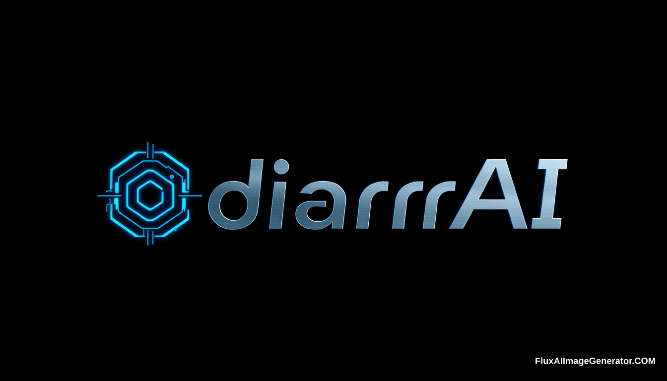 Logo design for 'diarrAI' text, representing a high-tech AI solutions company. Futuristic and advanced, minimalistic and linear style. Incorporate elements from computer circuits and digital interfaces, with sleek geometric shapes and sharp lines. Use modern, elongated sans-serif font. Metallic or neon accents, with subtle circuit-like patterns. Color palette: silver, deep blue, black, with hints of neon. The logo should feel like it's from 3000 years in the future. - Image